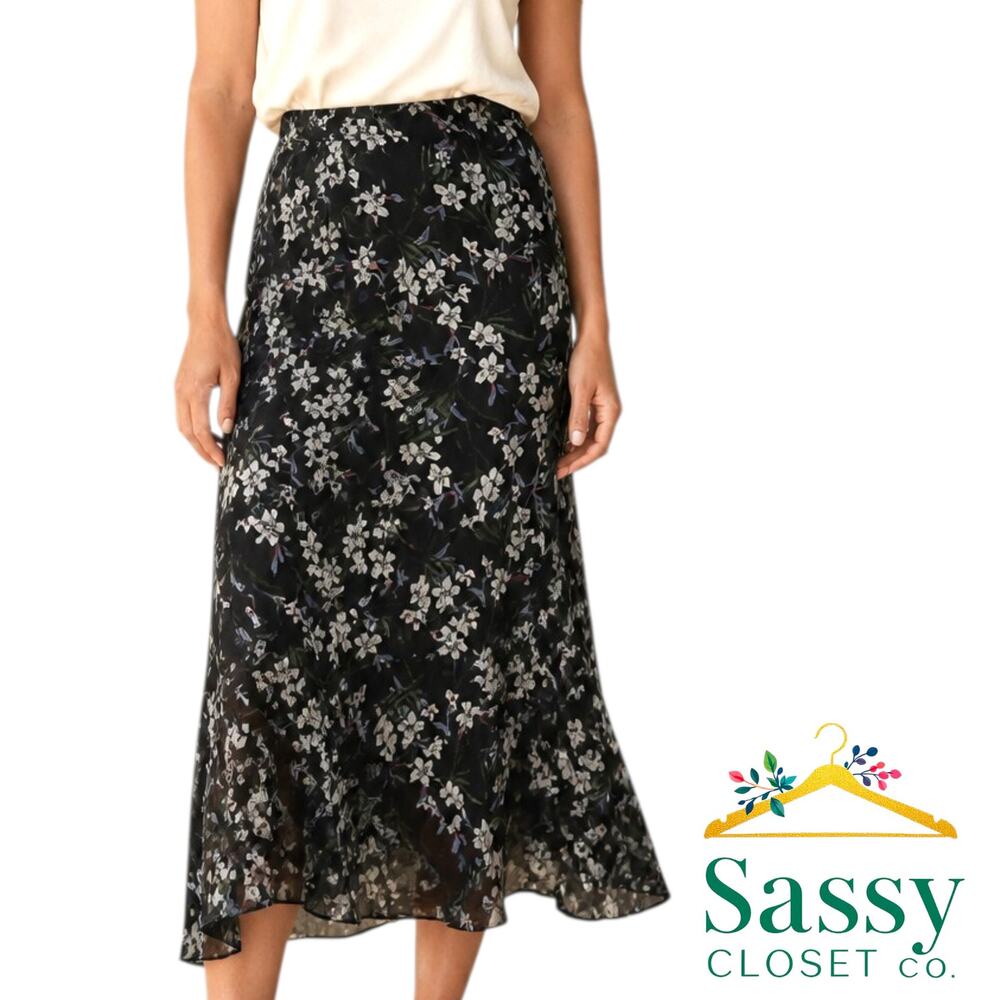 BANANA REPUBLIC Black Floral Lined Gored Maxi Skirt 6 Blue Green Boho 724828 EUC